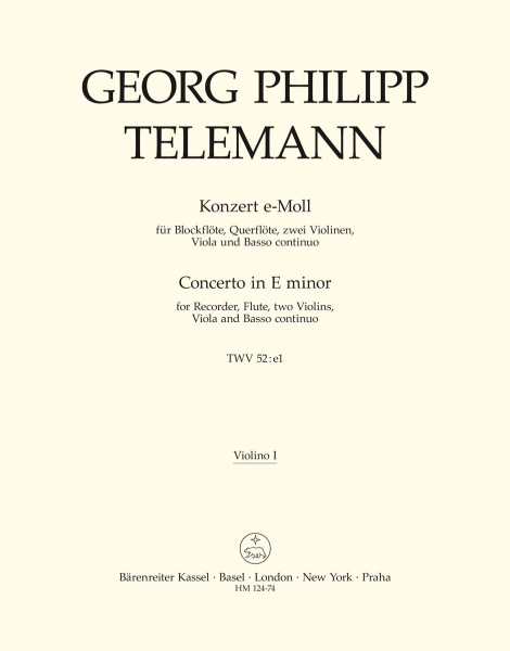 Telemann, G. Philipp Konzert für Altblockflöte, Flöte, Streicher und Basso continuo e-Moll TWV 52:e1