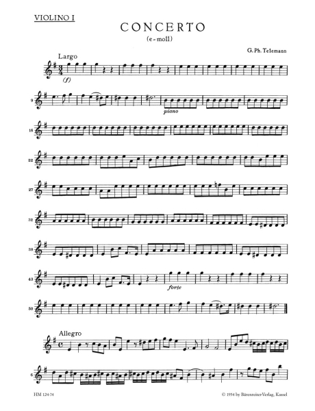 Telemann, G. Philipp Konzert für Altblockflöte, Flöte, Streicher und Basso continuo e-Moll TWV 52:e1