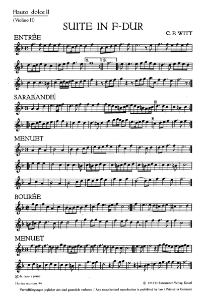 Witt Ch. Friedrich Suite für zwei Bfl-A und eine Bfl-T oder andere Instrumente und B. c. F-Dur, Part - 2. Bfl (2. Violine)