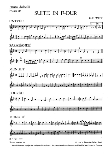 Witt Ch. Friedrich Suite für zwei Bfl-A und eine Bfl-T oder andere Instrumente und B. c.  F-Dur, Part - 3. Bfl (3. Violine)